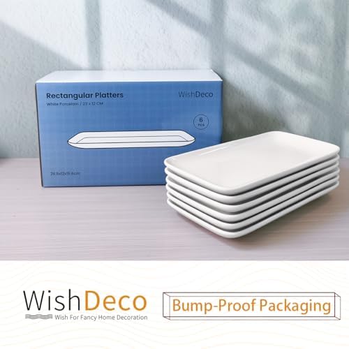 WishDeco Small Rectangle Plates Set of 6, White Serving Platters 9Inch