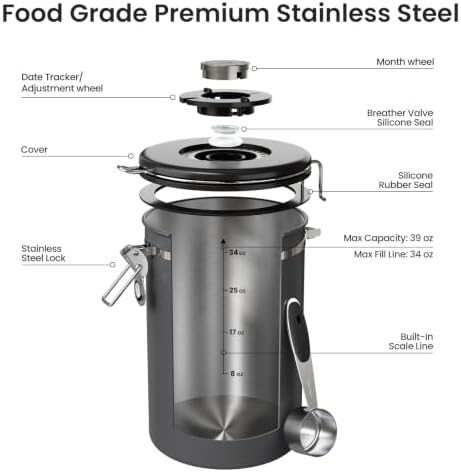 Veken Coffee Canister,39OZ, 2.2lbs,Large Airtight Stainless Steel