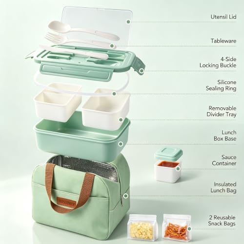 Bento Box 1100ml Lunch Container with Bag & Utensils & 2 Storage Bags