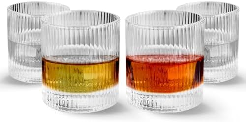 LEMONSODA Vintage Straight Line Lowball Drinking Glass, 10oz Set of 4
