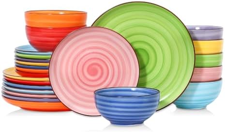 Selamica Ceramic Plates and Bowls Sets,24 Pieces Dinnerware Sets for 8,Scratch Resistant Dish Set for holiday gathering,Dishwasher & Microwave Safe, Dopamine colors