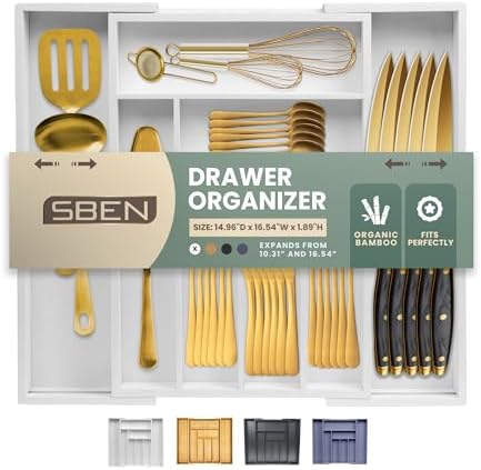 Sben Bamboo Cutlery Drawer Organizer, White, Medium