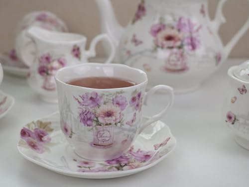 Guangyang 15-PCS Porcelain Tea Cup set for Adult,Purple Fancy Floral