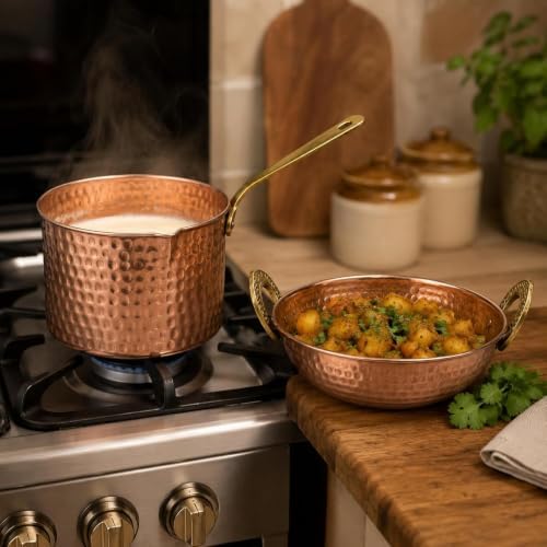 Copper Cookware Set of 2 Hammered Saucepan 1500ml & Kadai 800ml