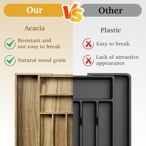 Kiasthome Acacia Wood Kitchen Silverware Drawer Organizer, Expandable
