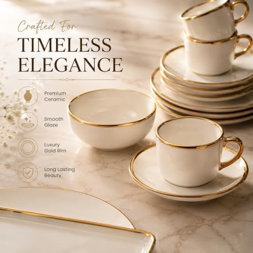 32-Piece Ceramic Dinnerware Set for 6, White Tableware Set with Gold