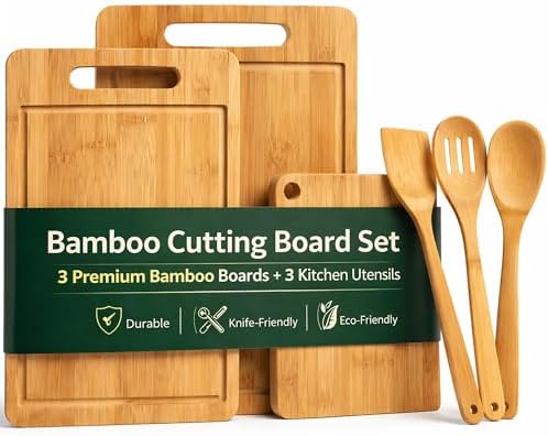 Bamboo Cutting Board Set, 3 Boards + 3 Kitchen Utensils