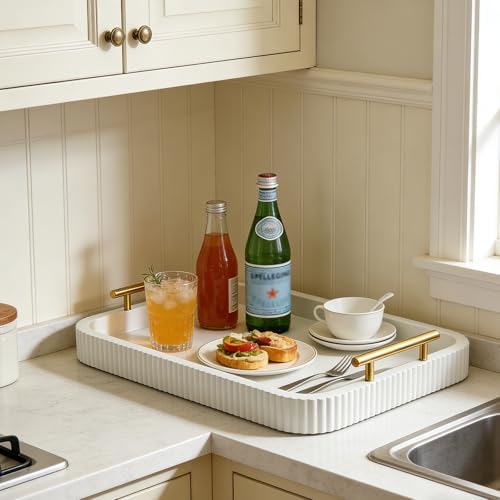 Rectangle Modern Wood Serving Tray with Metal Handles, High Gloss
