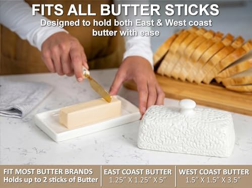 Large Ceramic Butter Dish with Lid, 7.9 x 4.1 x 3.1 Inches, Embossed