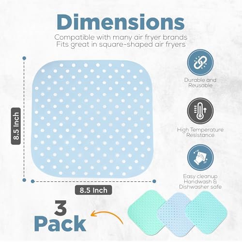 Square Air Fryer Liners Silicone 8.5” x 8.5", 3-Pack, Pastel Colors