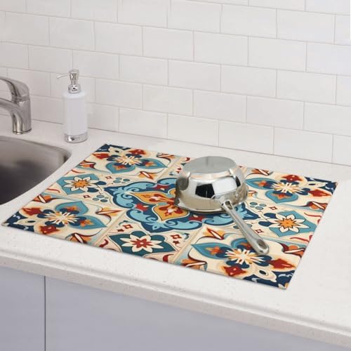 Microfiber Dish Drying Mat For Kitchen Countertop Mexican Damask