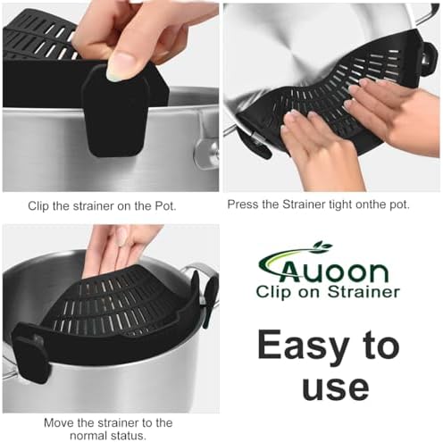 AUOON Clip On Strainer Silicone for All Pots and Pans (Black, Large) &