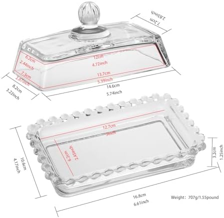 Glass Butter Dish with Lid, Clear Crystal Design, Decorative Beaded
