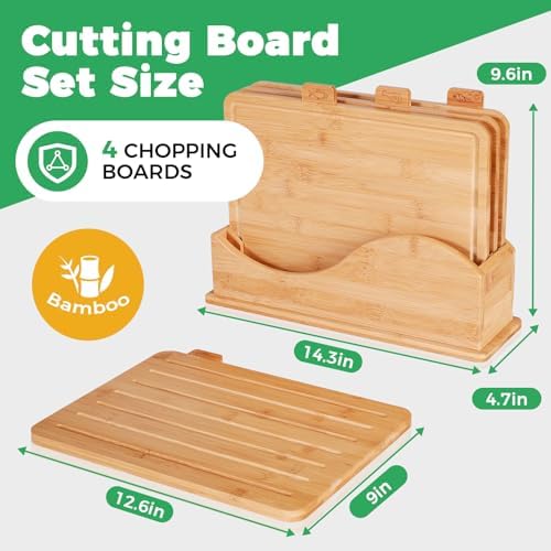 Fanwer Bamboo Cutting Board, Set of 4 with Storage Stand, Chopping