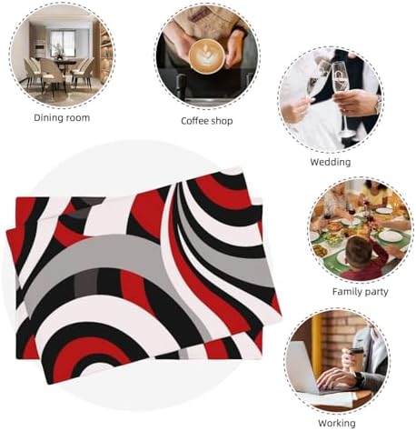 Black Red Retro Modern Swirl Linen Placemats Set of 4, Washable Heat