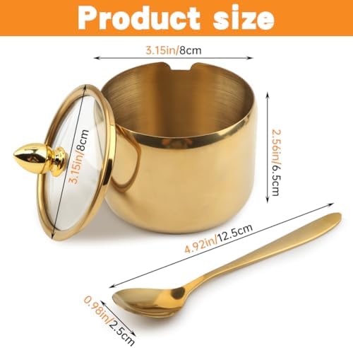 10oz Sugar Bowl with Clear Lid and Spoon, Gold or Silver Stainless