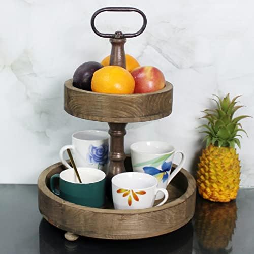 CVHOMEDECO. Rustic 2 Tiered Tray Stand Farmhouse Wood Serving Tray
