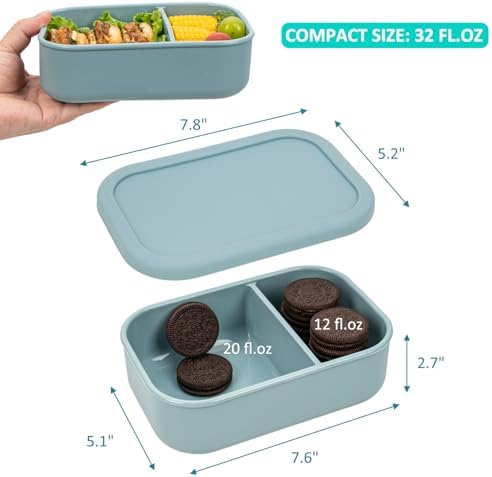 100% Silicone Bento Box Adult with 2 Compartments, 32oz, Reusable