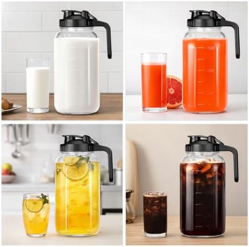 64oz Glass Pitcher with Handle and Flip Lid, Leak-Proof Seal, 3 Pack