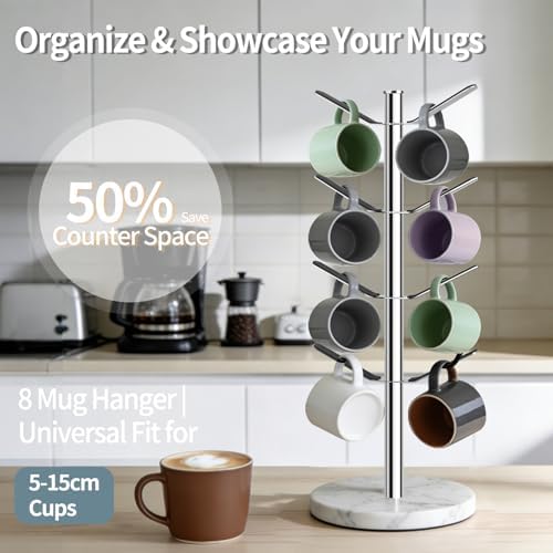 Marble Mug Holder Tree with 8 Hooks, Stainless Steel, Silver
