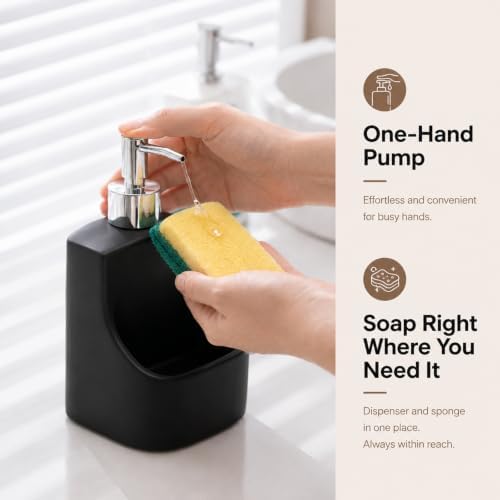 2 in 1 Soap Dispenser with Sponge Holder, Ceramic, Black