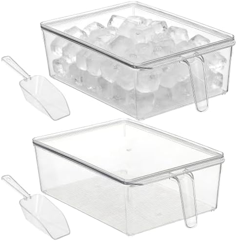 2 Set Large Ice Bin for Freezer with Lid and 2 Scoop Set, Plastic