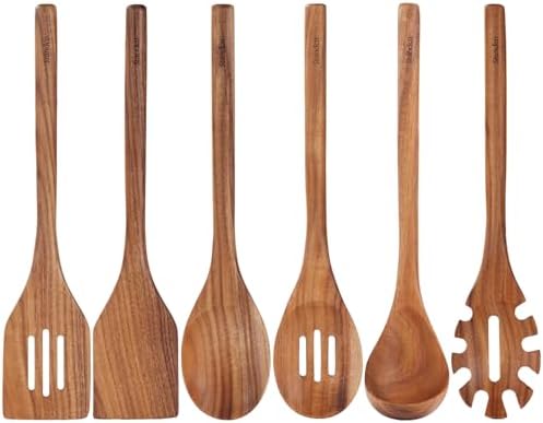 Acacia Wood Utensils Set - Handmade Wooden Spoons for Cooking, 6-Piece