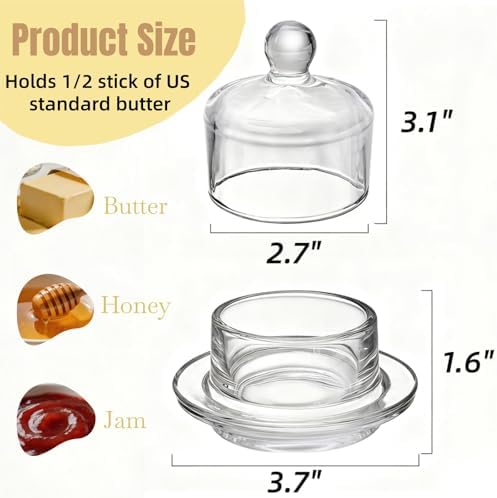 Dicunoy 2 Pack Glass Butter Dishes, Small Round Butter Keeper with