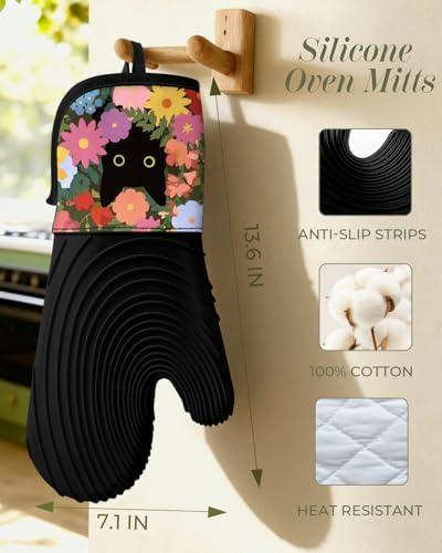 Slohif Long Silicone Oven Mitts, 2-Piece, Black Cat