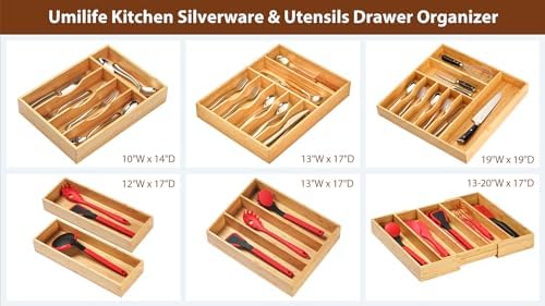 Umilife Bamboo Kitchen Drawer Organizer, 8 Inch Silverware Utensils