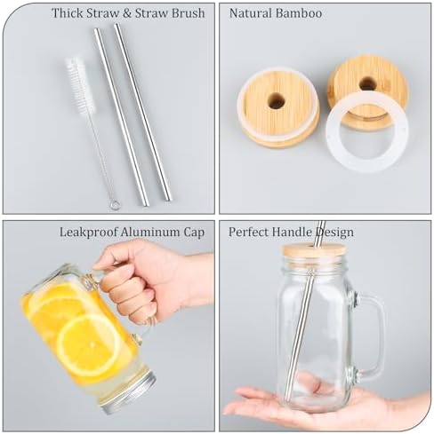 24 oz Mason Jar Cups Glass Drinking Jars with Handles Set of 4