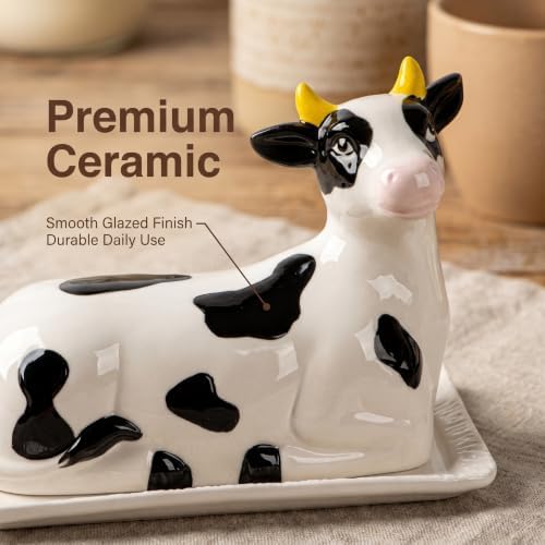 Ceramic Butter Dish with Lid Hand-Painted Cow Farmhouse Design