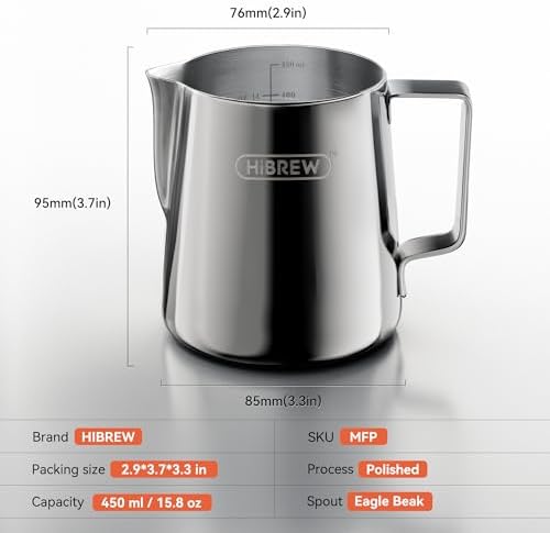 HiBREW Latte Art Pitche 15oz, Stainless Steel Milk Frothing Pitcher