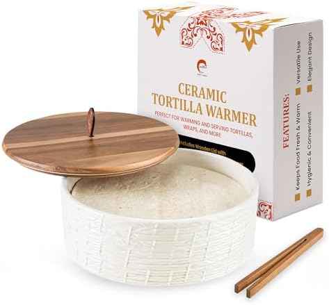 JUMBO Ceramic Tortilla Warmer with Acacia Wood Lid - 8.8" Extra Large