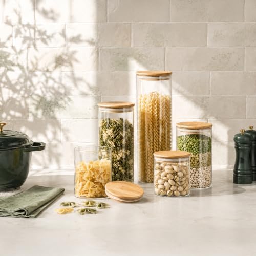 Set of 5 Glass Kitchen Canisters with Airtight Bamboo Lid - Glass