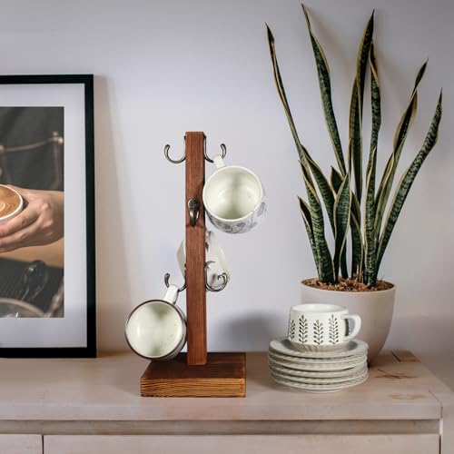Rustic Wood Coffee Mug Holder Stand, 15.35 Inch Tall Tree Organizer