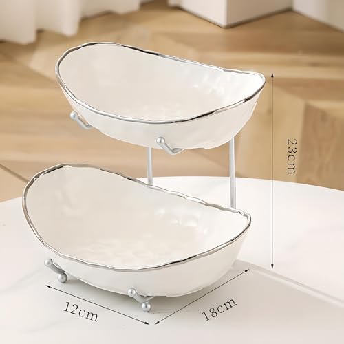 White Fruit Bowl with Silver Metal Stand, 2 Tier Modern Ceramic Fruit Bowl Fruit Rack for Kitchen Counter, Tiered Fruit Basket for Snacks Bread Candy Storage (White B,2 Tier)