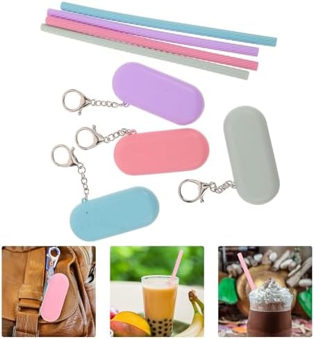 4 Sets Reusable Silicone Straws Set with Case Keychain and Cleaner
