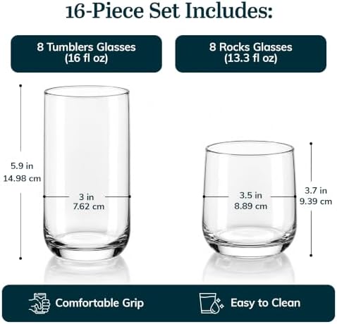 Libbey Ascent Tumbler & Rocks Drinking Glasses Set of 16, Clear Glass