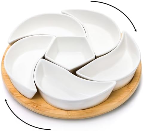Cididu Ceramic Serving Tray Platters Lazy Susan, Rotating Divided Serving Set with 6 Removable Compartment, 11'' Appetizer Relish Dish, Snack Bowl Set for Christmas, Thanksgiving, Party, Kitchen