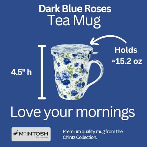 Chintz Dark Blue Roses Fine Bone China Tea Mug with Lid and Infuser