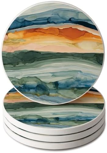 Thirstystone Watercolor Sunrise 4 Pack Round Absorbent Stone Coasters