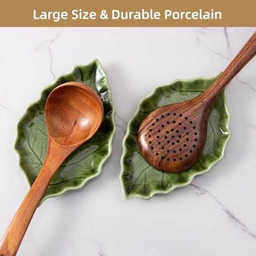 Ceramic Leaf Shape Spoon Rest, Farmhouse Spoon Holder, Green, 1PC