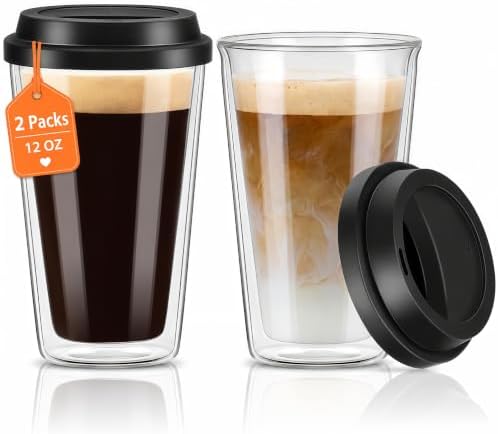 Qipecedm® 2 Packs Double Walled Glass Coffee Mugs with Silicone Lids
