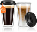Qipecedm® 2 Packs Double Walled Glass Coffee Mugs with Silicone Lids