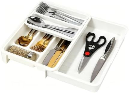 HornTide 3-in-1 Cutlery Tray, Expandable Utensils Holder, Plastic