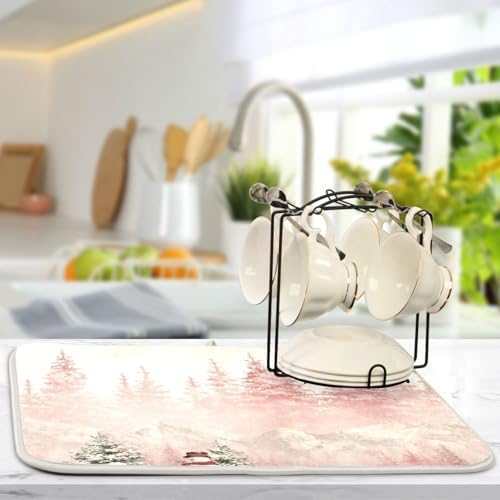 OTVEE Snowman in Pink Forest Dish Drying Mat for Kitchen Counter