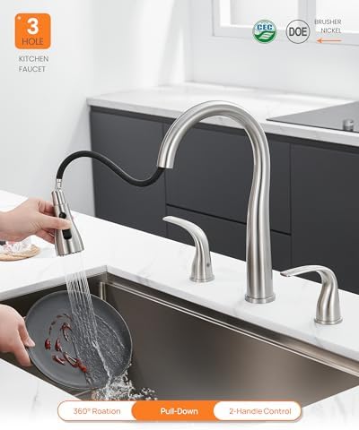 TIORIY 3 Hole Kitchen Faucet with Pull Down Sprayer