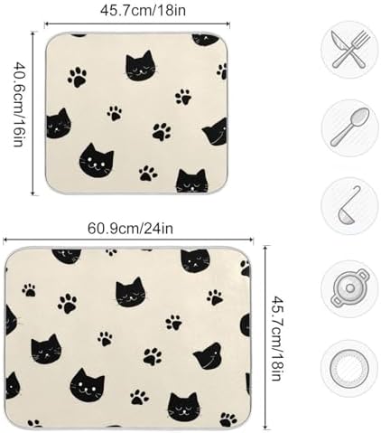 OTVEE Cute Cat Art Dish Drying Mat for Kitchen Counter Absorbent Heat