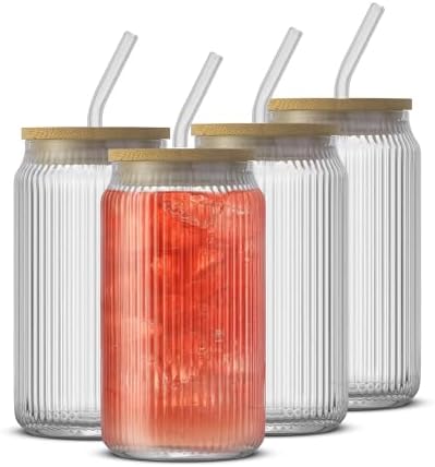 JoyJolt Fluted Glass Tumblers with Bamboo Lids and Glass Straws